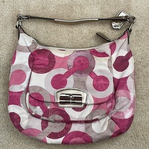 Coach Kristin Graphic Op Art SequinEW Crossbody Hobo Bag, Style 19942, Scarlet
